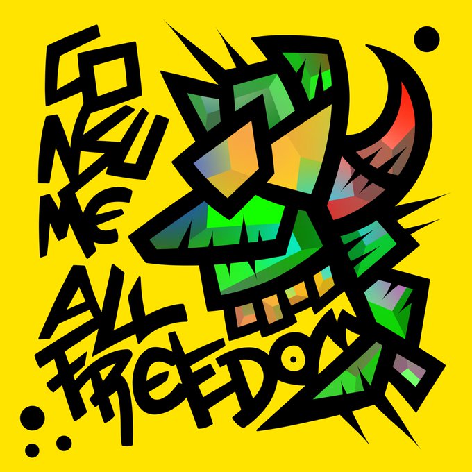 A vibrant graffiti-style illustration on a yellow background featuring a green cartoonish character and the text 'GIMME ALL FREEDOM' in bold black letters.