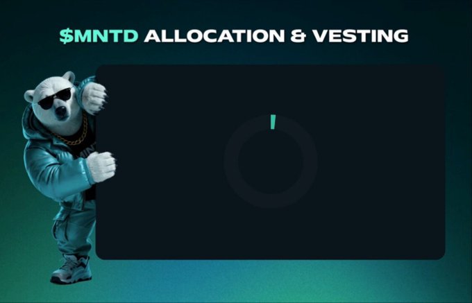 A slide titled '$MNTD ALLOCATION & VESTING' featuring a stylized bear mascot in a hoodie on the left and a nearly empty donut chart on the right.