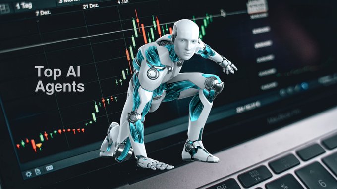 A futuristic humanoid robot crouches on a laptop keyboard in front of a financial chart displaying candlestick patterns with dates like "7 Dez." and "21 Dez." The text "Top AI Agents" appears on screen, visually reinforcing the post's theme of automated, AI-driven copy trading on Poloniex where artificial intelligence executes trades on your behalf without manual chart analysis.