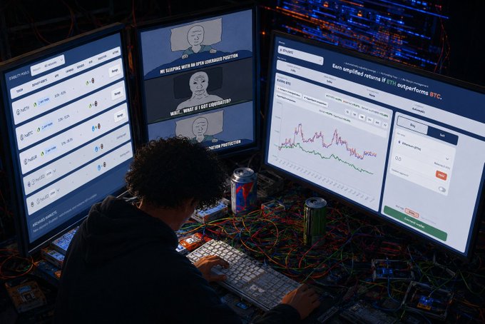 A person viewed from behind working at a multi-monitor setup showing a crypto exchange interface with Bitcoin charts and an API wallet selector, with tangled cables and energy drinks on the desk.