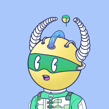 A cartoon yellow character with a green mask and metallic horn-like headpieces smiles cheerfully against a blue background, with a small green and yellow hat floating above—likely representing the hat giveaway mentioned in the post about GRIT rewards and NFT prizes.