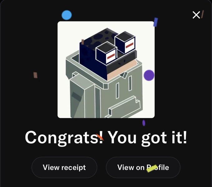 A celebratory "Congrats! You got it!" NFT minting confirmation screen is shown, with options to "View receipt" and "View on Profile," illustrating a successful mint from the PlayBandits collection that helped turn an $8 investment into a $35 return with 4x gains.