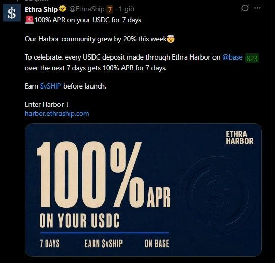 A promotional graphic from Ethra Ship (@EthraShip) on X advertising "100% APR ON YOUR USDC" for 7 days through their "Ethra Harbor" platform on Base, framed by a bullish comparison to Morpho's Steakhouse Prime vault paying just ~4.41% APR—highlighting the 100% rate as a standout opportunity.