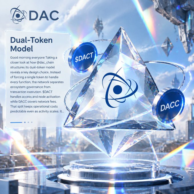 A futuristic graphic for "DAC" explaining a "Dual-Token Model" with text about the @dac_chain structures, featuring a glowing triangular prism displaying "$DACT" and "DACC" tokens.