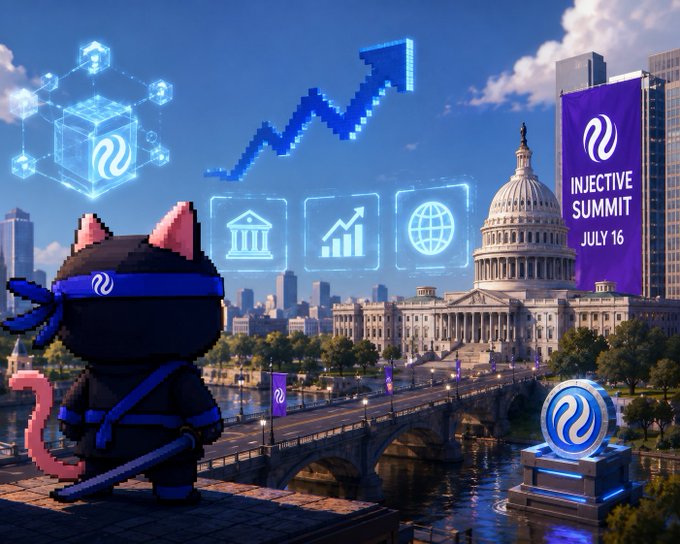 A promotional graphic for the Injective Summit on July 16, featuring a ninja cat mascot, pixelated growth arrow, blockchain icons, and the U.S. Capitol building backdrop.