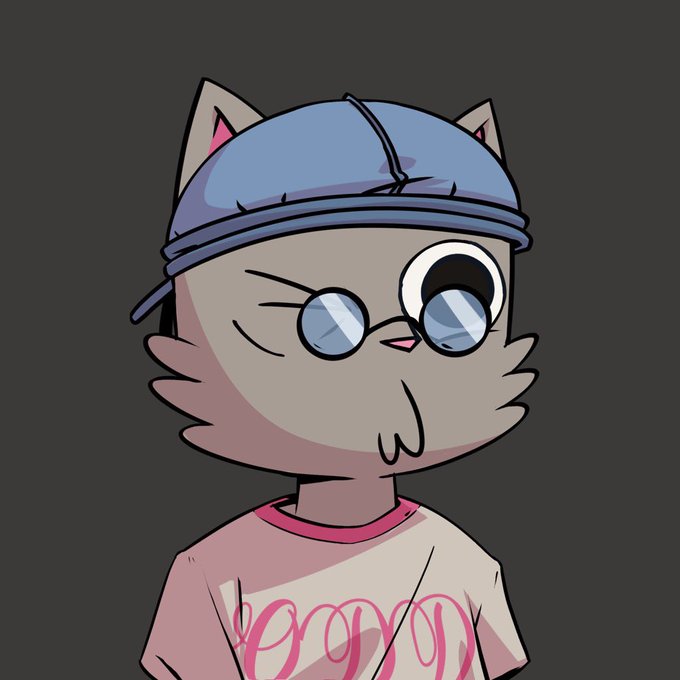 An animated illustration of a gray cat character wearing round glasses, a blue cap, and a pink-and-white shirt with stylized lettering, set against a dark gray background.