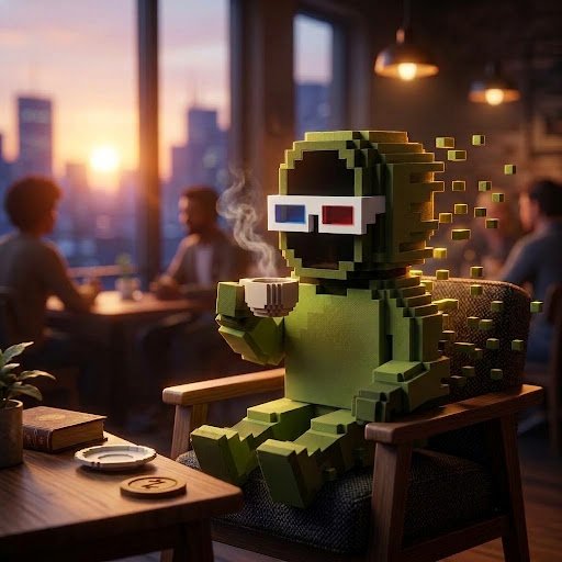 A Minecraft-style green blocky character wearing 3D glasses sits in a chair in a cozy café at sunset, holding a steaming cup of coffee with pixels floating around it.
