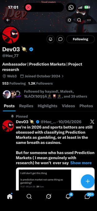 The image shows a Twitter/X profile for "Dev03" (@Hec_77) with 1.2K followers, displaying a pinned post from 10/06/2026 arguing that Prediction Markets are still "obsessed with classifying Prediction Markets as gambling." The accompanying post appears unrelated, simply tagging other users and sharing a Solana contract address as a thank-you message, with no direct visual connection to the prediction markets content shown in the screenshot.