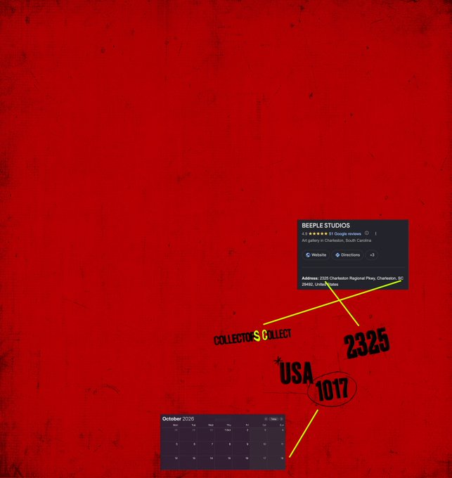 The image features a red background with white text, including a calendar for October 2020 and a list of dates for an event called ApeFest. The text indicates that the event will be held at @beeple studios in SC on October 7th and 10th.