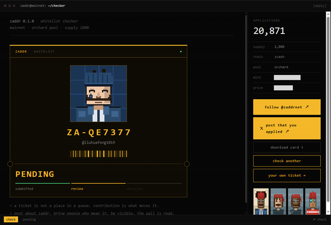 A Zaddr whitelist checker interface showing ticket 'ZA-QE7377' by @lishuafeng1019 with a status of 'PENDING' and a pixel art character avatar.