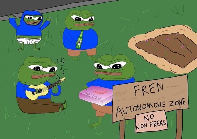 An illustration shows four Pepe the Frog characters hanging out on grass, with one playing guitar, one holding a "Krispy Kreme" donut box, and a sign reading "FREN Autonomous Zone - No Non Frens," referencing the meme culture of crypto trading communities. The image ties to the post's theme by depicting the exclusive "in-group" dynamics among crypto traders who share insider signals, using the Pepe "fren" meme to represent the cohesive community that correctly anticipated Ethereum's price movement.