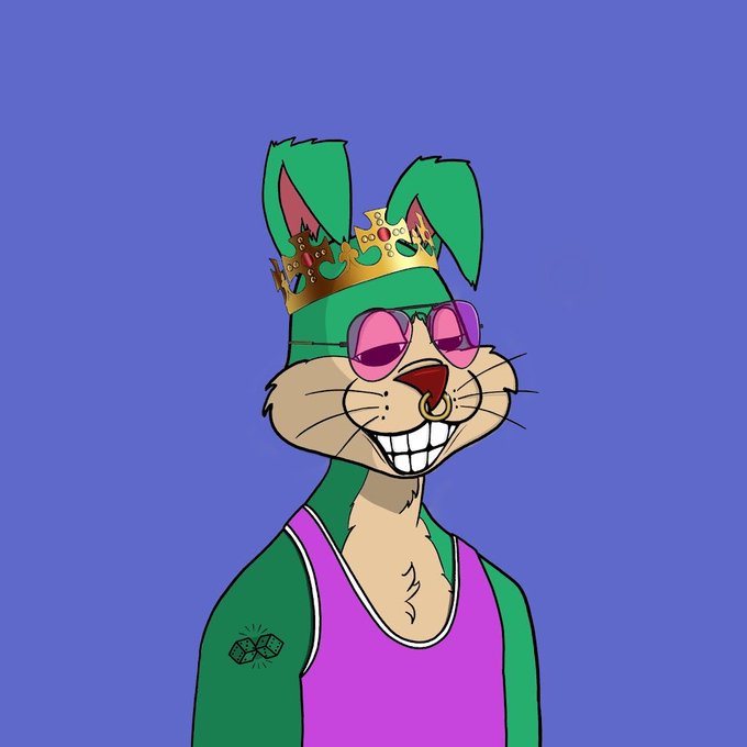 A cartoon illustration of a green rabbit wearing a crown, pink sunglasses, and a pink tank top.
