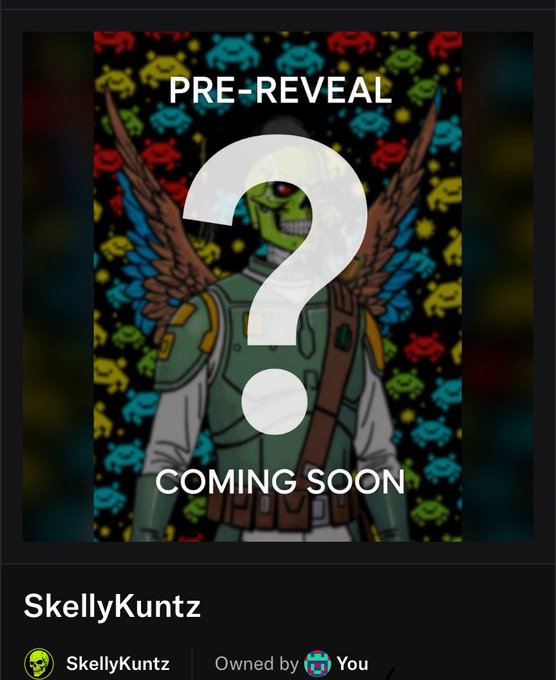 An NFT "Pre-Reveal" placeholder image featuring a winged skeleton character with a question mark, owned by user "SkellyKuntz" (You), marked "Coming Soon."