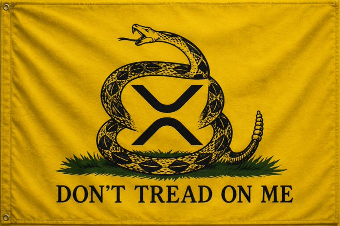 A yellow flag featuring a coiled rattlesnake above the XRP (Ripple) logo with the text 'DON'T TREAD ON ME' at the bottom.