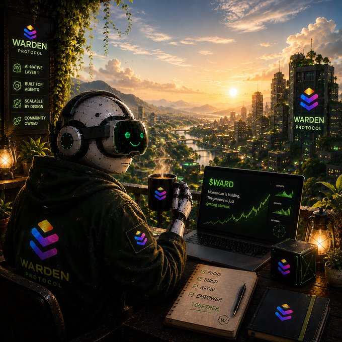 A promotional image for 'WARDEN PROTOCOL' featuring a robot wearing headphones and a VR headset sitting at a desk with a laptop displaying a green upward chart and '$WARD' text, with features listed as 'AI-NATIVE LAYER 1', 'BUILT FOR AGENTS', 'SCALABLE BY DESIGN', and 'COMMUNITY OWNED', set against a sunset cityscape.