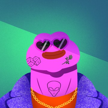 A digital illustration depicts a purple frog wearing heart-shaped sunglasses, a gold chain, and a robe, with alien head tattoos on its face and chest against a teal background.