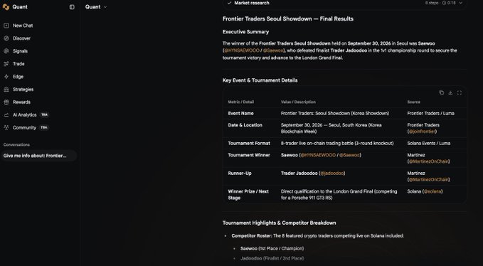 A screenshot of the Quant AI analytics platform displays a research report titled "Frontier Traders Seoul Showdown — Final Results," detailing a Korean Showdown held on September 30, 2026, in Seoul, where trader "Seewop" from team Martirez won, defeating finalist Trader Jediodeleo. The report's context aligns with the accompanying post's emphasis on latency, MEV, market structure, and slippage control as critical factors in professional on-chain trading competitions.