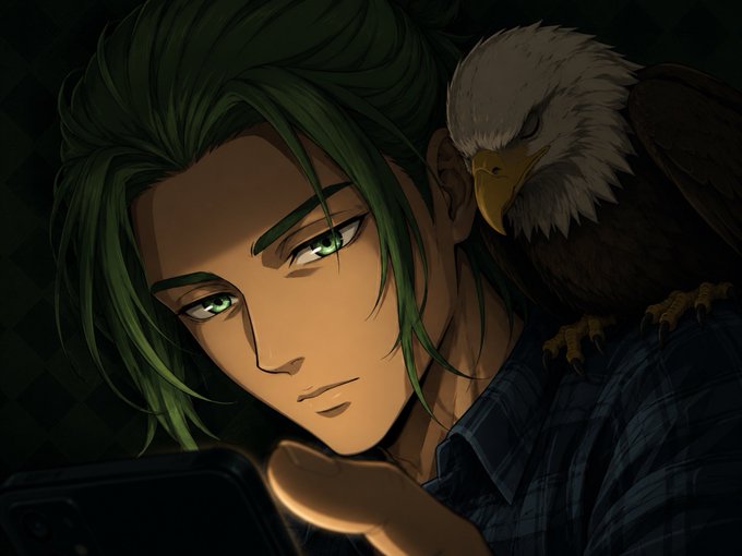 An anime-style illustration of a man with green hair and green eyes looking at a phone, with a bald eagle perched on his shoulder.