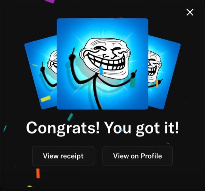 The image shows an email notification screen with three images of a cartoon character holding up a thumbs-up sign, surrounded by confetti. The text on the screen congratulates the user for completing their NFT purchase or transaction.