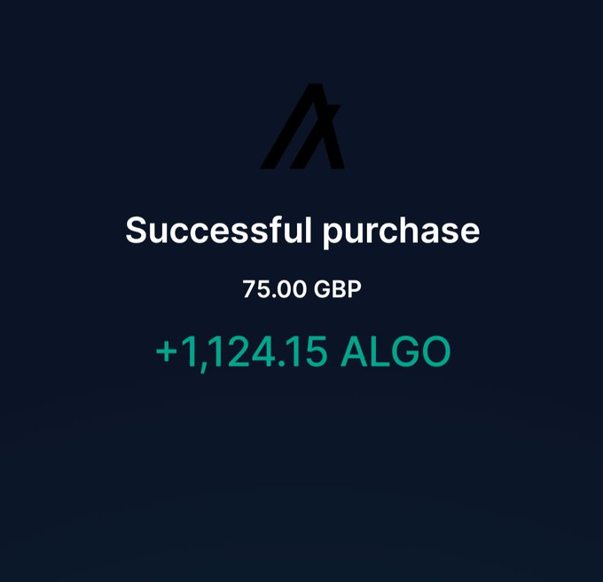A screenshot of a successful Algorand purchase confirmation showing 75.00 GBP exchanged for +1,124.15 ALGO, illustrating the post's message about loading up on $ALGO at attractive prices.