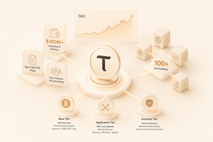 An isometric 3D infographic for "TAO" featuring a central "T" coin surrounded by labeled tiles such as "$100M+ Institutional Backing," "Spot TAO ETF Filed," "Key Investors Accumulating," "100+ Live Subnets," "Base Tier 21M Hard Cap," "Application Tier 100+ Live Subnets," and "Incentive Tier Yuma Consensus."