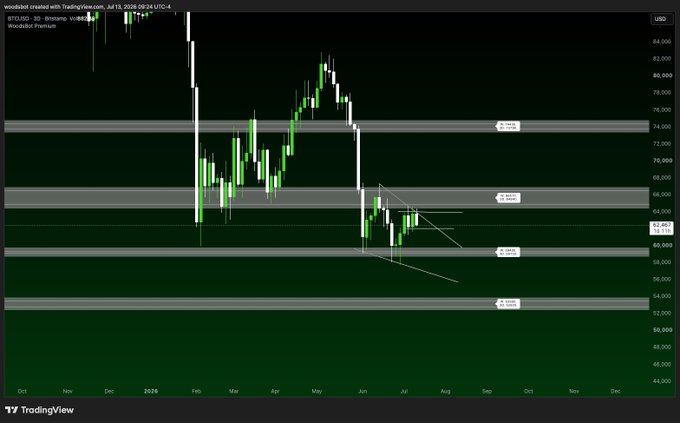 A 3D BTC/USD candlestick chart on TradingView (premium woodabet style, July 13, 2024) shows price consolidating around $63,482 with annotated key support zones at $66–67K and $55–56K, illustrating the analyst's warning that bulls have roughly a day to defend the current range or risk a downside sweep toward those lower levels.
