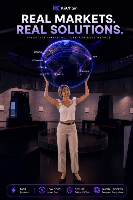 Advertisement for KiiChain reading 'REAL MARKETS. REAL SOLUTIONS. FINANCIAL INFRASTRUCTURE FOR REAL PEOPLE,' showing a woman holding a glowing globe with global locations labeled, along with features like 'FAST Payments' and 'SECURE Built on KiiChain.'