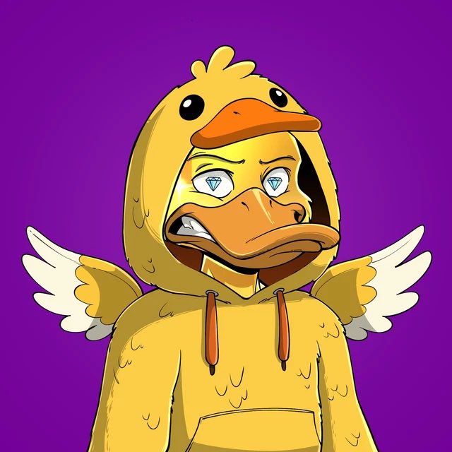 Cartoon illustration of a duck character wearing a yellow duck hoodie, with diamond-shaped eyes and small white wings, set against a purple background.