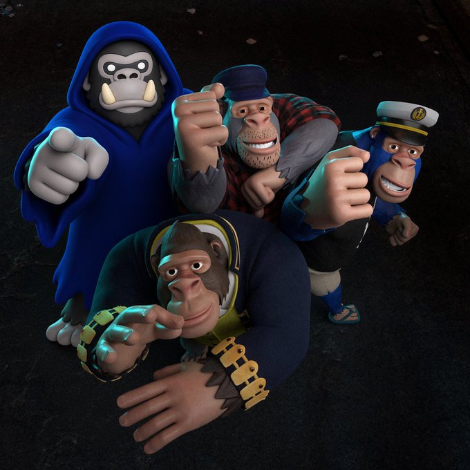 Four cartoonish gorilla characters pose together against a dark background, dressed in a blue robe, a red plaid shirt, a sailor uniform, and gold jewelry.