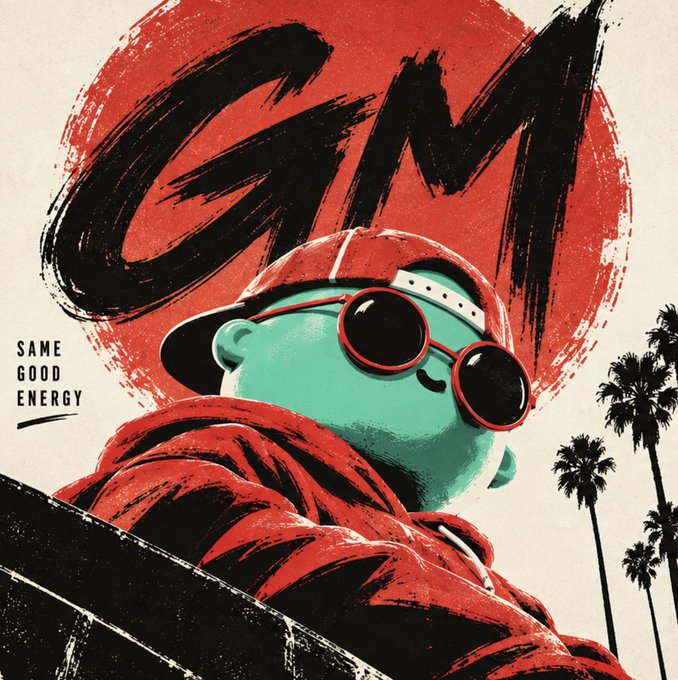 A stylized poster/artwork featuring a turquoise-skinned character wearing round red sunglasses and a red cap, with 'GN' brushstroke text on a red circle, 'SAME GOOD ENERGY' tagline, and palm trees silhouette.