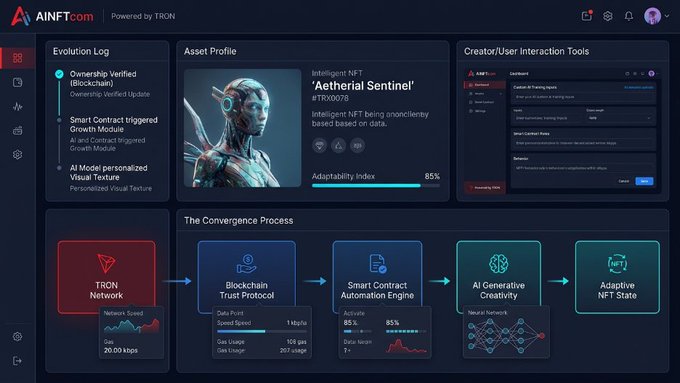 A dashboard for AINFT.com powered by TRON, displaying an 'Evolution Log' with ownership verification, an asset profile for 'Aetherial Sentinel' (#TRX0078) with an Adaptability Index of 85%, and a 'Convergence Process' flow diagram.