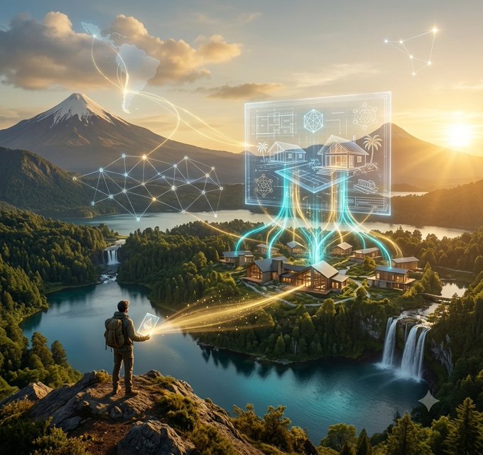 A fantasy digital art piece showing a person on a cliff overlooking a landscape with mountains, lakes, and houses, interacting with glowing holographic displays and constellation-like patterns.