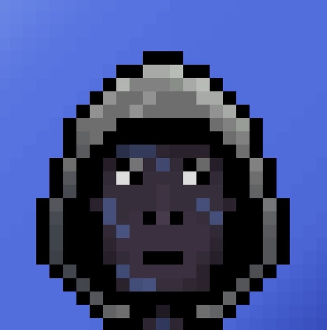 A pixel art portrait of a person with dark hair and a metallic crown or helmet against a solid blue background, resembling the style of the 'CryptoPunks' NFT collection.