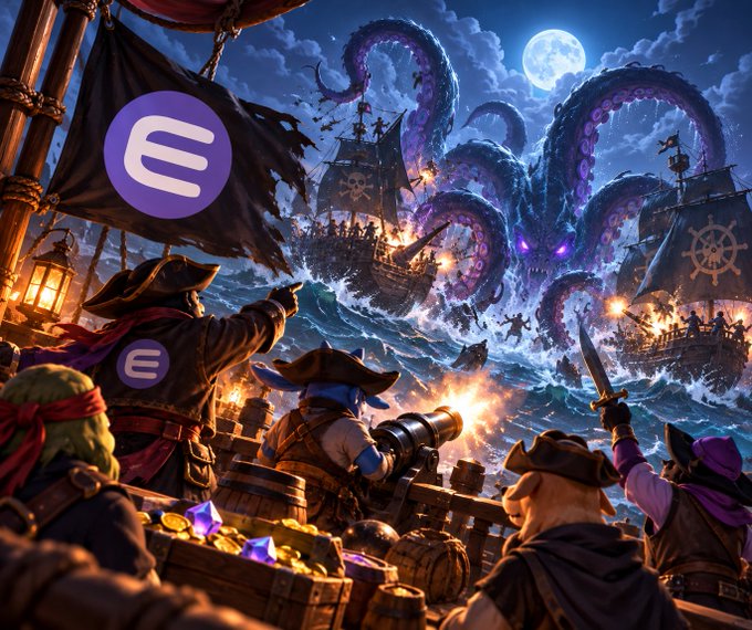 A digital artwork depicting pirates battling a giant purple kraken with glowing eyes under a full moon, featuring the Enjin (E) cryptocurrency logo prominently displayed on the central pirate's flag and chest.