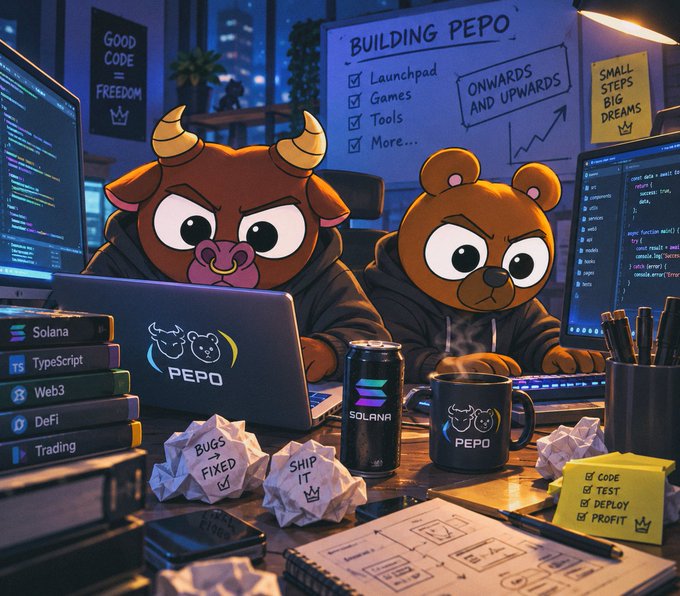 A cartoon-style illustration titled 'BUILDING PEPO' showing a bull and bear character wearing hoodies while coding on laptops, with Solana/PEPO branding, sticky notes reading 'BUGS FIXED' and 'SHIP IT', and a checklist for Launchpad, Games, Tools, and More.
