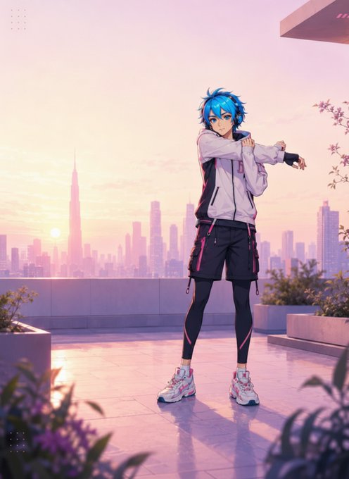 An anime-style illustration of a blue-haired male character in athletic wear stretching on a rooftop at sunset with a city skyline in the background.