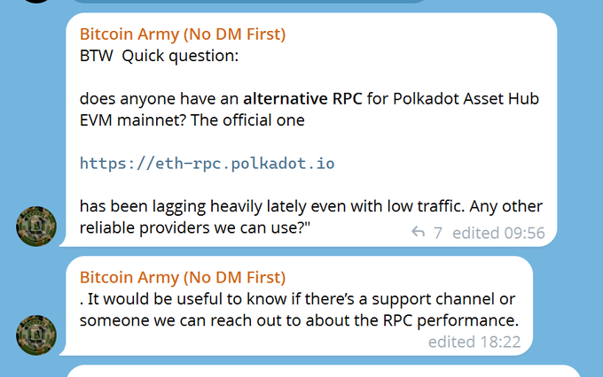 A Telegram chat screenshot showing messages from "Bitcoin Army (No DM First)" asking about alternative RPCs for Polkadot Asset Hub EVM mainnet due to lagging issues with https://eth-rpc.polkadot.io.
