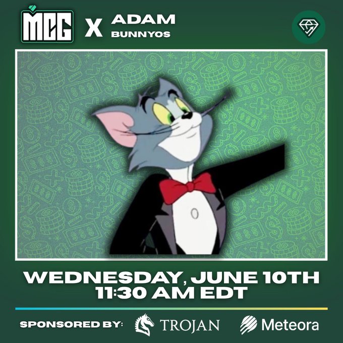 The image features a cartoon cat wearing a tuxedo with a red bow tie, standing against a green background that includes various cartoon characters and logos. The text at the bottom of the image reads "Wednesday, June 10th 11:30 am Edt", which is likely part of an event or promotion related to the cartoon character Adam from the show "Adam Web Three".