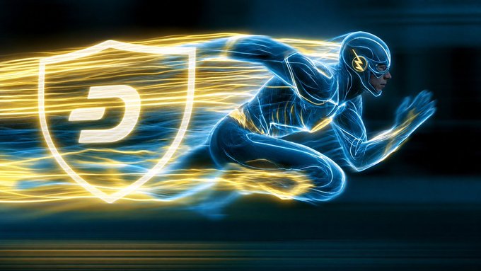 A stylized digital illustration of a superhero figure in a blue and yellow suit sprinting at high speed, leaving glowing yellow motion trails next to a shield-shaped logo with the number "2" (Dash cryptocurrency).