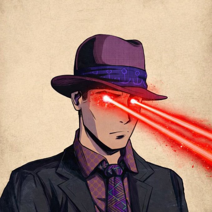 The image features a man wearing a suit, tie, and hat with red laser beams coming out of his eyes. The caption reads "GM if you are still bullish", which could be interpreted as a reference to the stock market or financial news.