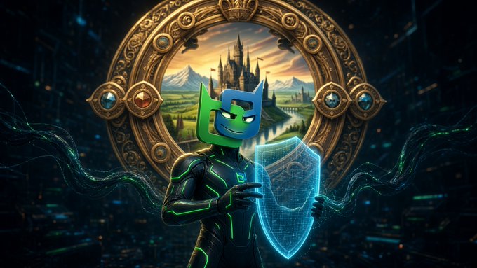 Digital artwork of a hooded futuristic figure with a stylized 'D' mask holding a glowing blue digital shield, framed by an ornate golden circular portal revealing a fantasy castle landscape.
