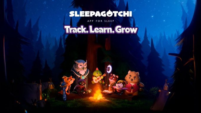 A promotional image for 'SLEEPAGOTCHI - APP FOR SLEEP' with the tagline 'Track. Learn. Grow,' showing cute cartoon animal characters gathered around a campfire in a dark forest setting.