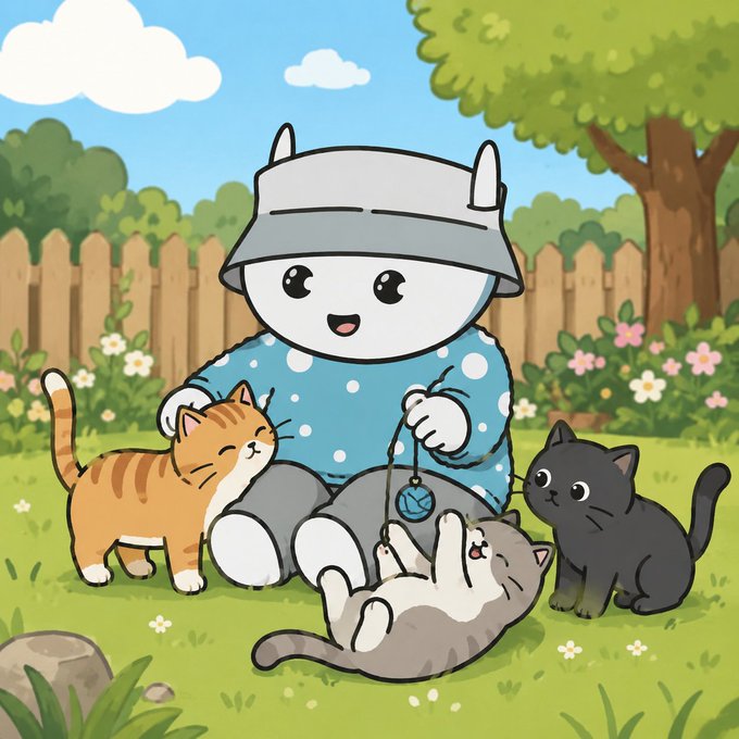 A cute cartoon illustration of a character wearing a bucket hat and blue polka-dot shirt playing with three cats (orange, gray and white, and black) in a garden setting.