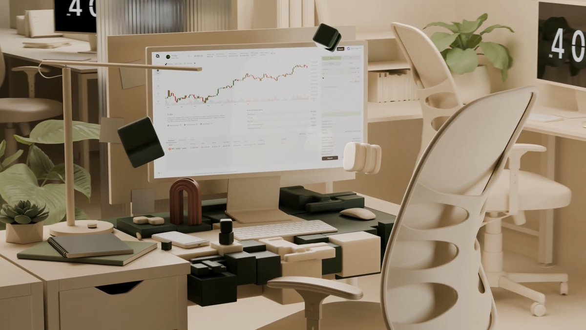 A modern office workspace featuring a monitor displaying a financial chart, with floating black cubes, plants, and ergonomic chairs in a stylized 3D render.