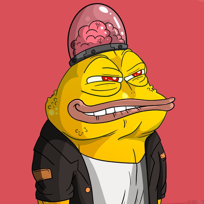 A yellow cartoon duck character wears a glass dome containing an exposed brain and a black jacket, against a red background. The brain-tinted imagery aligns with the post's hint about owning a "Frog" meme coin for the price of a coffee, evoking the absurd, brainless-hustle energy often associated with meme crypto culture.