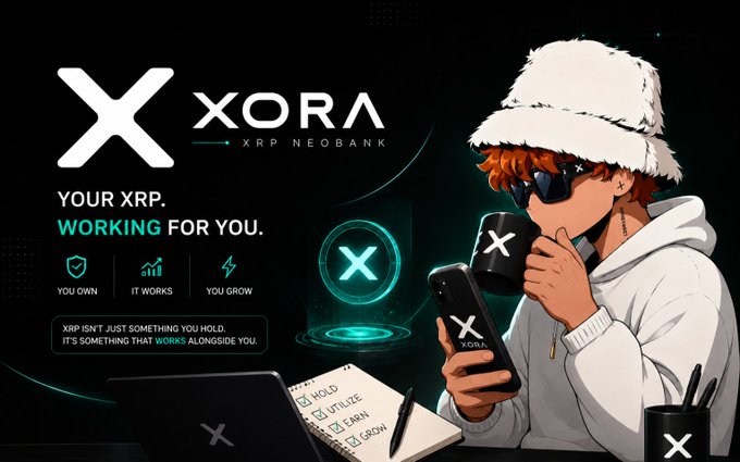 Promotional graphic for XORA ("XRP Neobank") featuring an anime-style character in a white hoodie, bucket hat, and sunglasses holding a coffee mug and phone, alongside the tagline "YOUR XRP. WORKING FOR YOU." with icons reading "YOU OWN," "IT WORKS," and "YOU GROW," and a checklist noting "HOLD," "UTILIZE," "EARN," and "GROW." The visual reinforces the post's message that XORA enables $XRP to generate value beyond simple holding, shifting the mindset from passive price speculation to active utility and yield generation.