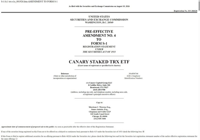A SEC Form S-1 document titled 'PRE-EFFECTIVE AMENDMENT NO. 4 TO FORM S-1' for the 'CANARY STAKED TRX ETF' filed by Canary Capital Group LLC, Registration No. 333-286628.