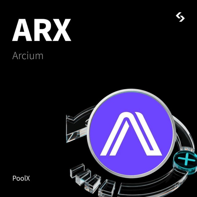 A digital graphic for the ARX (Arcium) cryptocurrency on a black background, featuring a purple circular logo with a white stylized 'A' and text reading 'ARX Arcium' and 'PoolX'.