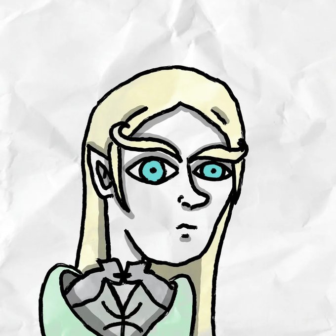 A simple digital sketch on a crumpled paper background showing a pale character with long blonde hair, pointed ears, and striking turquoise eyes.