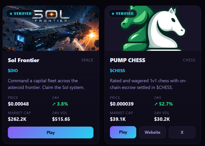 Two cryptocurrency project listings on a platform: 'Sol Frontier' ($DIO), a space-themed game priced at $0.00048, and 'PUMP CHESS' ($CHESS), featuring a green and white knight chess piece priced at $0.000039.